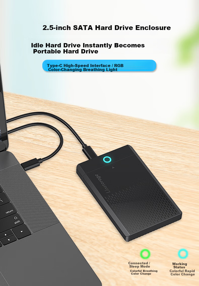 LINSTORAGE RGB Metal 2.5-Inch SATA External Hard Drive Enclosure for Laptops, Mechanical SSD And Solid State Drive, USB External Case 1