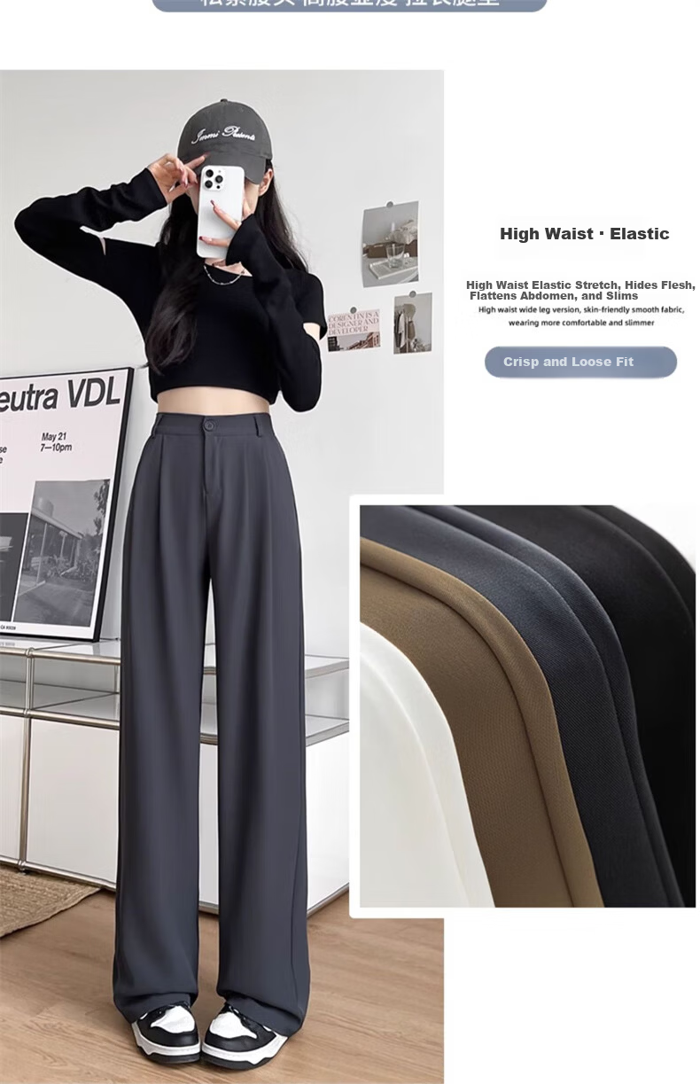 Langsha Women's Suit Pants 2026 New High-Waist Straight-Leg Slim Fit Lightweight Wide-Leg Trousers for Office Commuting 13