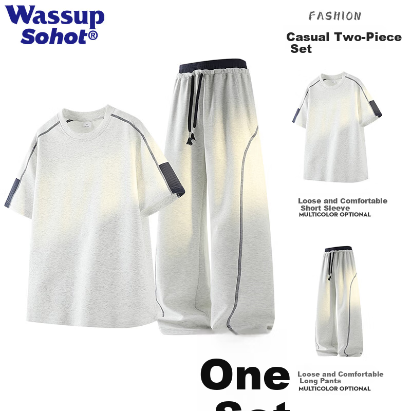 Wassup Sohot Men's Summer Solid Color Crew Neck Short Sleeve T-Shirt and Loose Fit Sports Pants Two-Piece Set Light Heather Gray M