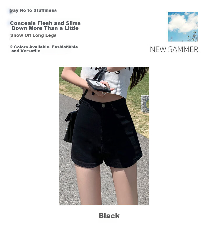 LangSha Black Denim Shorts for Women, Summer New Style Versatile High-Waisted Slimming Trendy Hot Girl Fashion Elastic Hot Pants 3