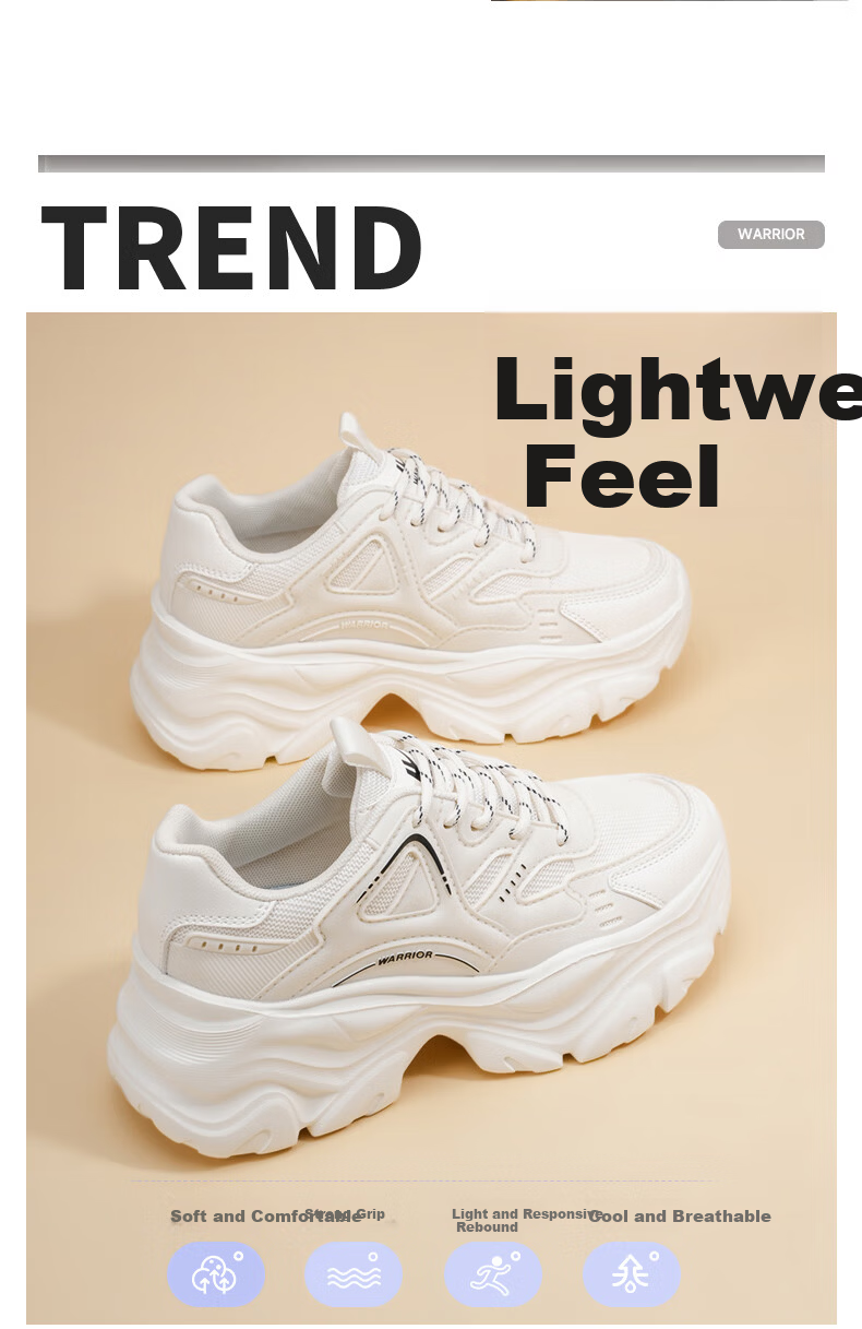 Warrior Official Women's Shoes 2026 Summer New Breathable Thick Sole Height Increasing Dad Sneakers M750c Black Size 39 5