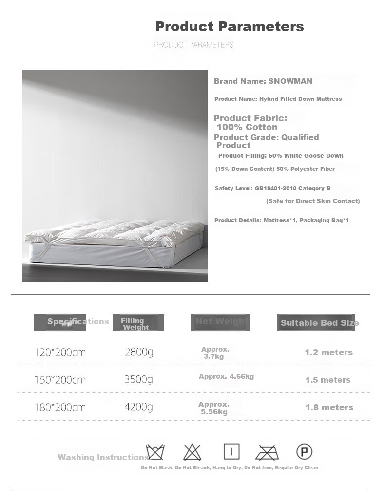Snowman Five-Star Hotel Soft Down Mattress 15% White Goose Down Mattress Pad Feather Mattress 1.8*2m White 11