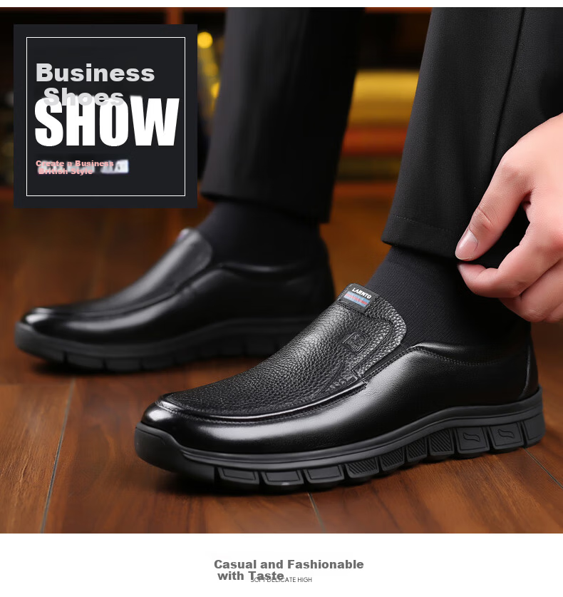 LAORENTOU Men's Autumn Business Formal Soft Leather Soft Sole Middle-aged Casual Dad Shoes A90223 Black Size 40 9