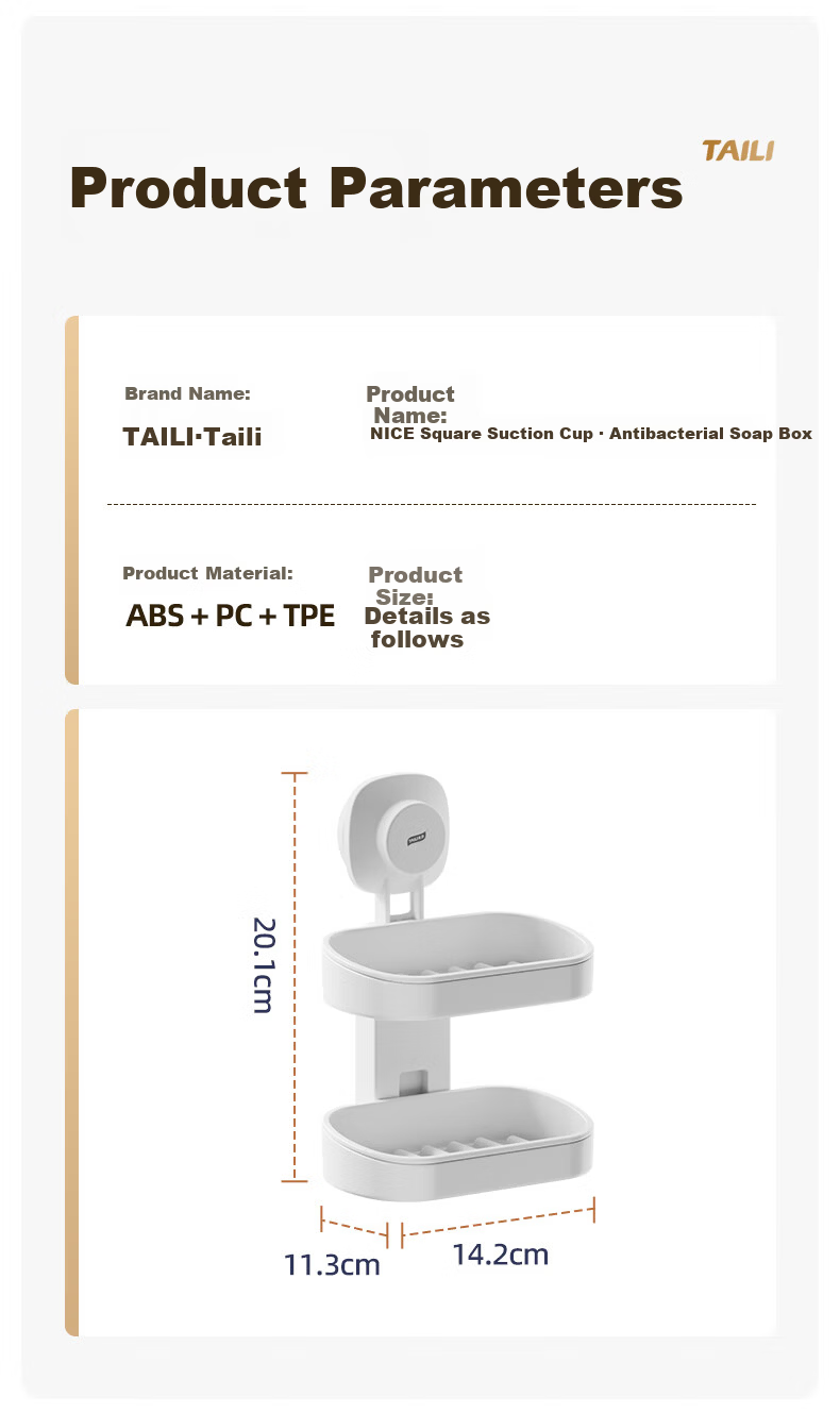 Taili Wall-Mounted Soap Dish Bathroom Soap Holder No-Drill Suction Cup Double-Layer Draining Storage Rack 15