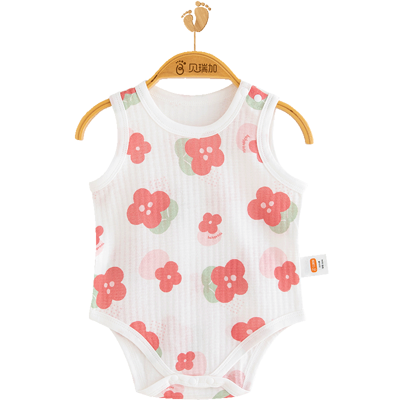 Babyprints Newborn Onesie, Pure Cotton Baby Bodysuit, Sleeveless Triangle Romper, Thin Infant Onesie, Pink Floral Pattern, Size 59