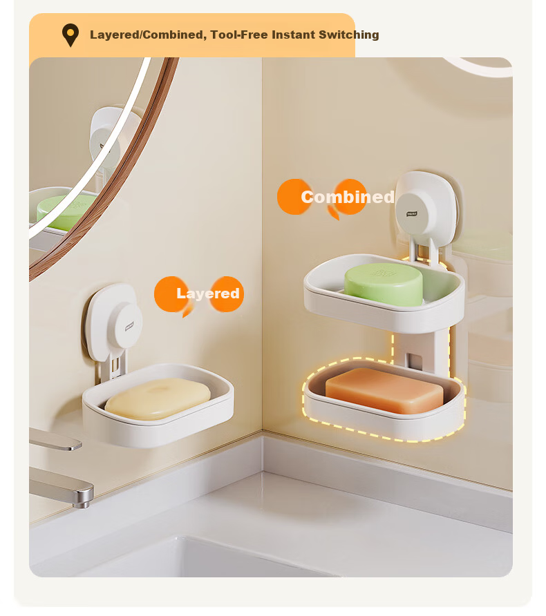 Taili Wall-Mounted Soap Dish Bathroom Soap Holder No-Drill Suction Cup Double-Layer Draining Storage Rack 12