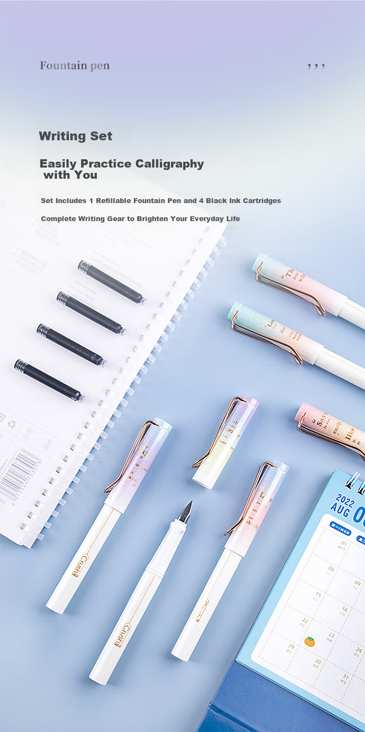GuangBo Sunset Lamp Series Fountain Pen for Primary and Secondary Students, Hard Pen Calligraphy Practice, Replaceable Ink Cartridge, Black EF Nib, Japanese Style, Random Color B12012D 4