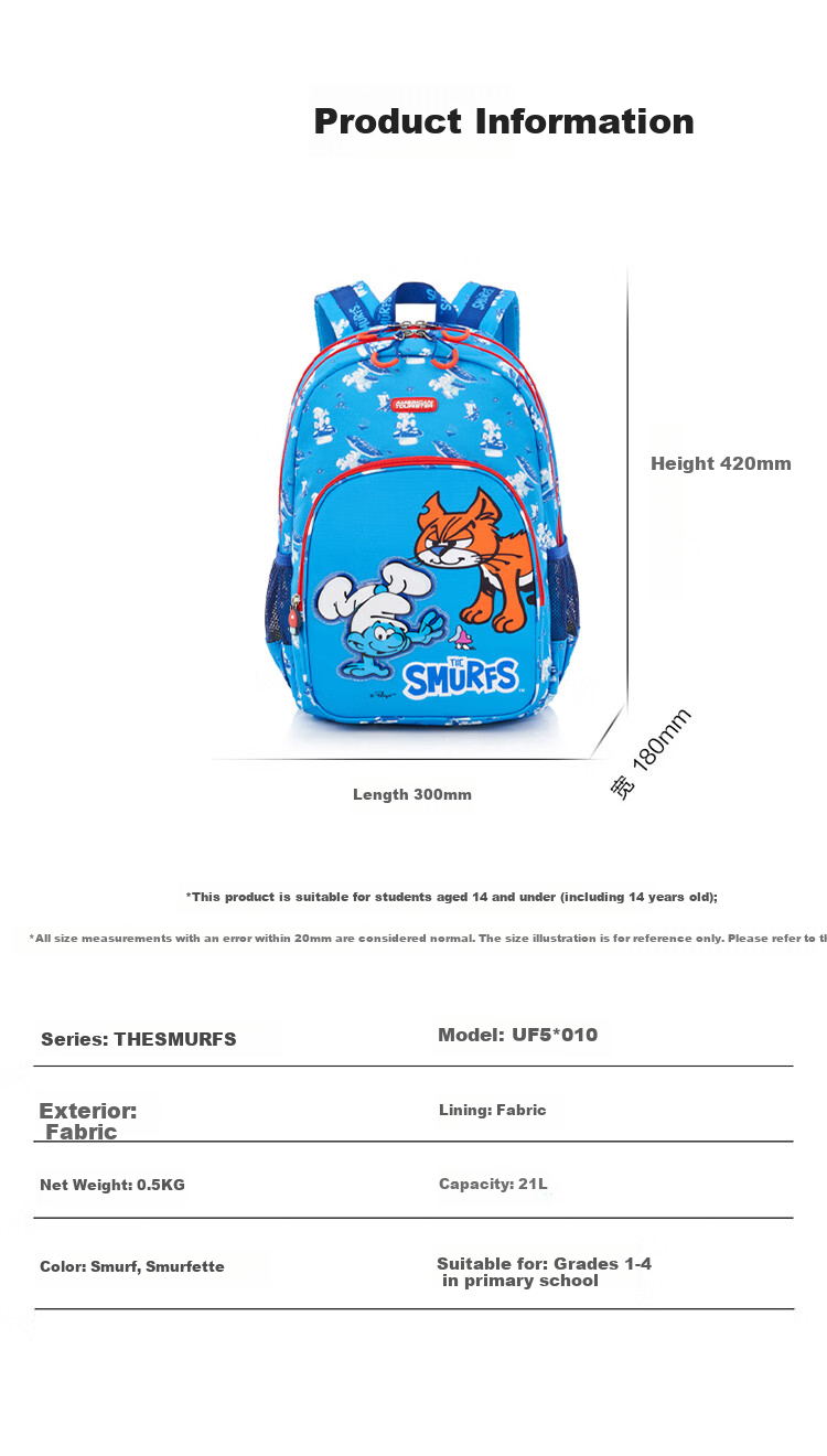 AMERICAN TOURISTER Boys' Safe Backpack Set for Grades 1-4, Children's Antibacterial Lightweight Blue Smurfs UF5 Backpack 9