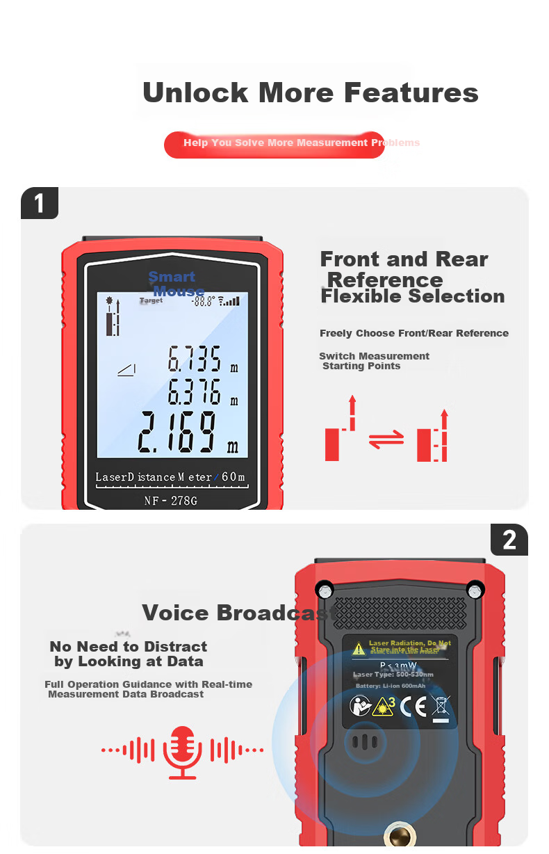 Smart Mouse NF-278G-60 Green Light Laser Distance Meter Handheld High-Precision Electronic Ruler Infrared Room Measuring Device 60m Range Millimeter Accuracy 13