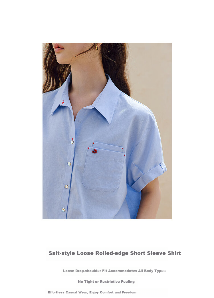 INMAN Linen Cotton Salt Style Loose Short Sleeve Shirt 26 Summer New Rolled Sleeve Versatile Shirt Light Water Blue M 3