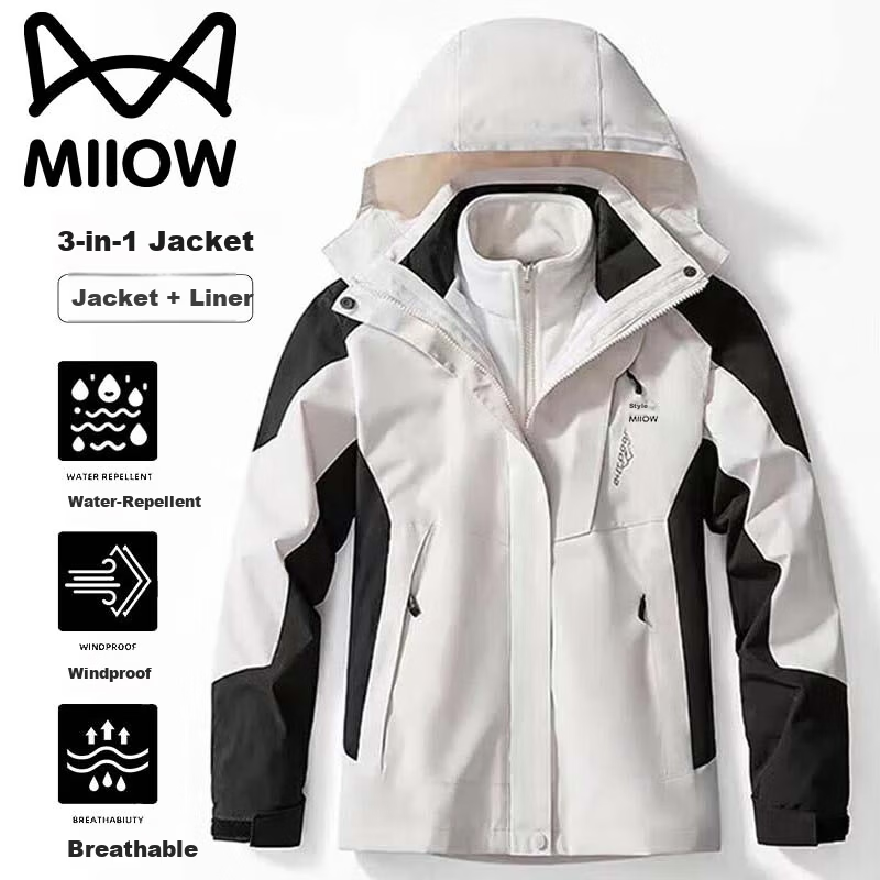 Miiow Men's Jacket Autumn Winter Thickened Outdoor 3-in-1 Detachable Sports Couple Off-Road Coat Beige XL