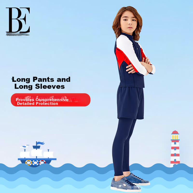 BALNEAIRE Kids Two-Piece Swimwear Boys Long Sleeve Top and Pants Set UV Protection Breathable Quick-Dry for Pool and Beach 280106 140/68