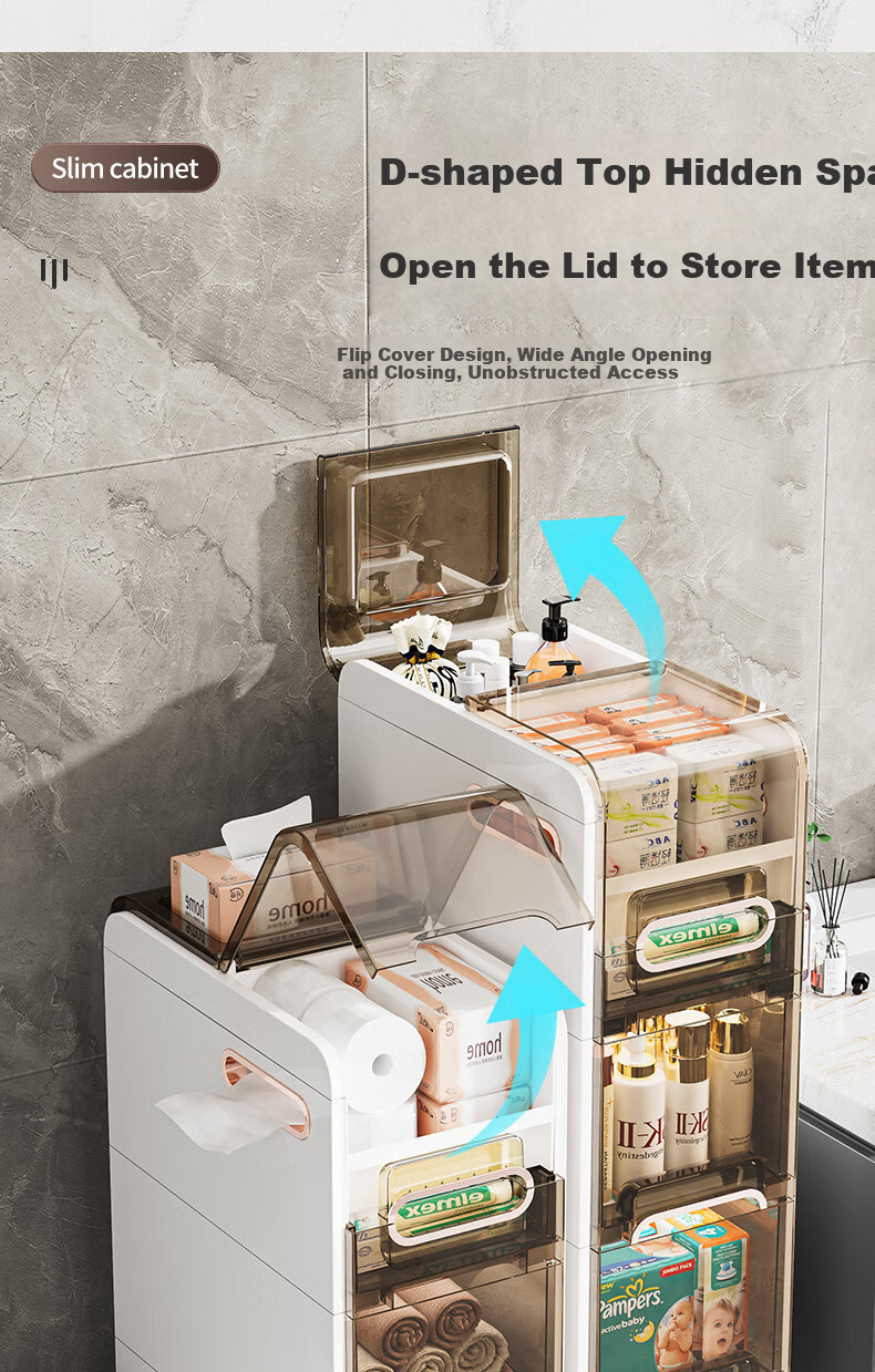 JEKO&JEKO Bathroom Storage Rack, Floor-Standing Gap Organizer Cabinet, 24.5cm 4-Tier, No Installation Required, Magnetic Door Opening, Simple And Luxurious Style 7