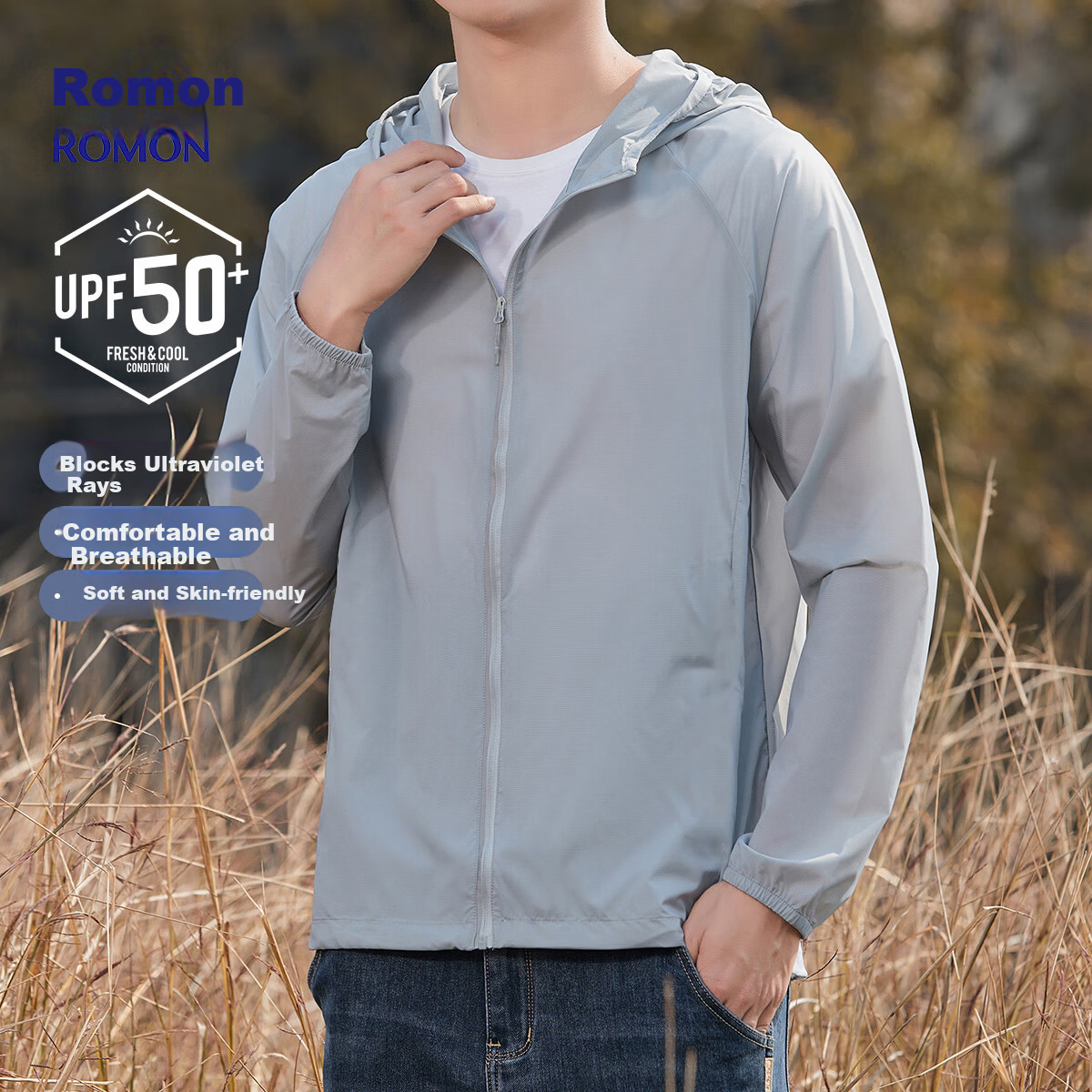 Romon Men's Summer Ice Silk Sun Protection Jacket Outdoor Fishing Sports Breathable Skin Jacket Quick-Dry Men's Clothing SF08 Gray 3XL