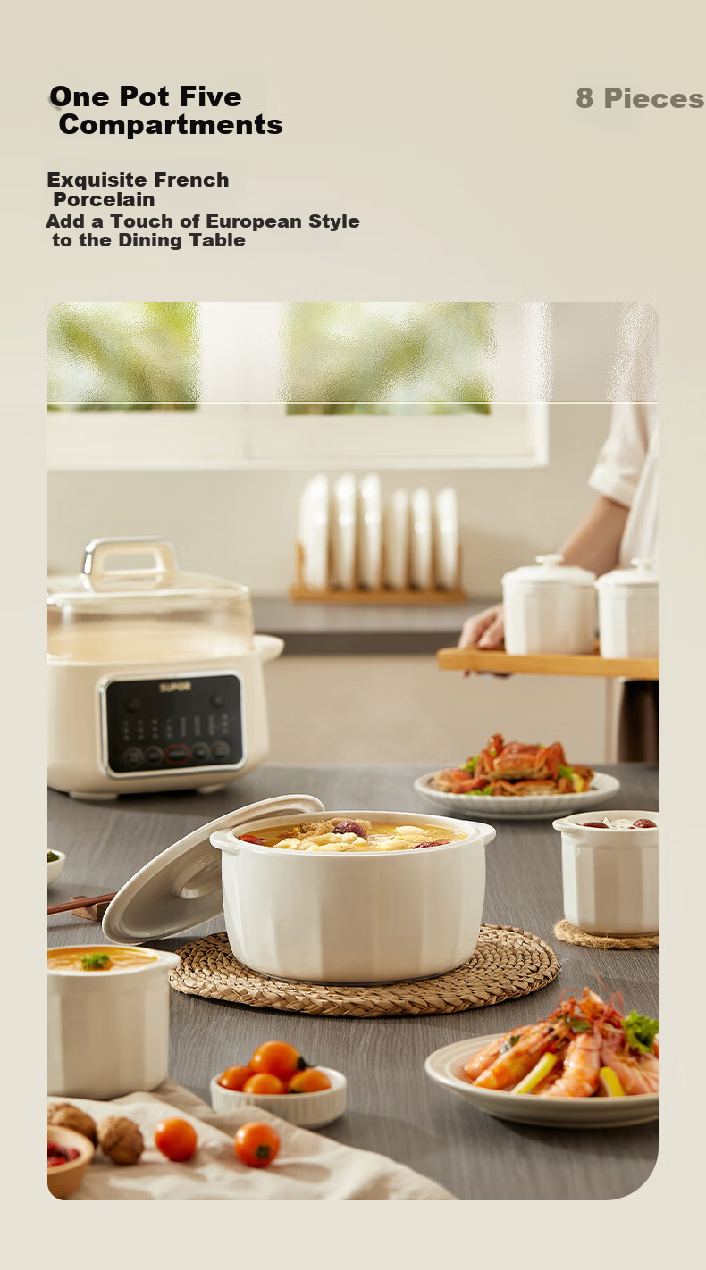 SUPOR Electric Stew Pot, Water Bath Stewing Cooker, Household Porridge and Soup Pot, Bird's Nest Stew Pot with White Ceramic Inner Pot, Steaming and Stewing DZ25FC859 2.5L Multifunctional Cooker 4
