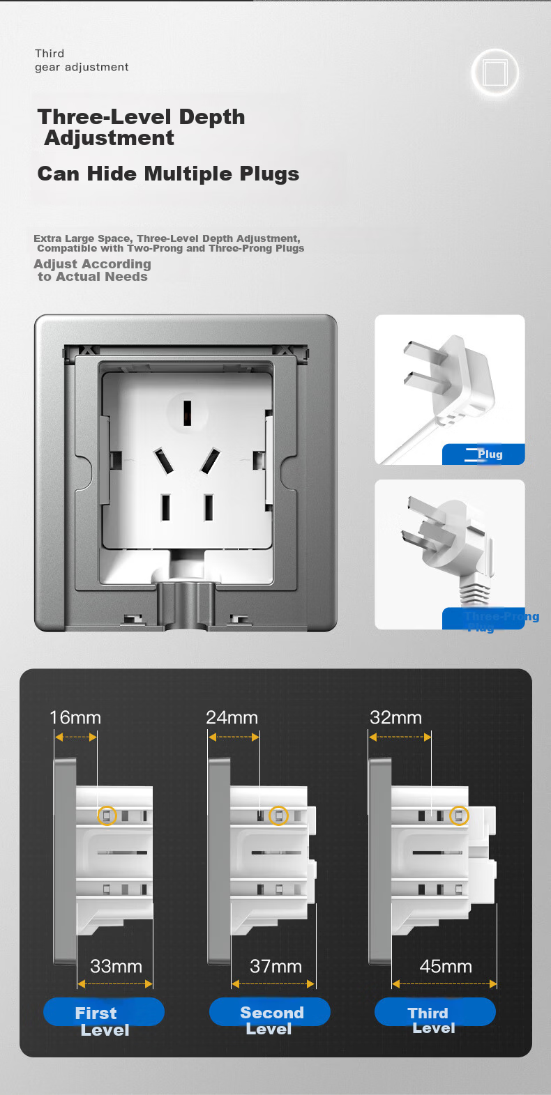 CHNT Embedded Socket, 86-Type, Adjustable Depth, Hidden Socket, Refrigerator Built-In Hidden Socket, 10A Five-Hole, Gray 10