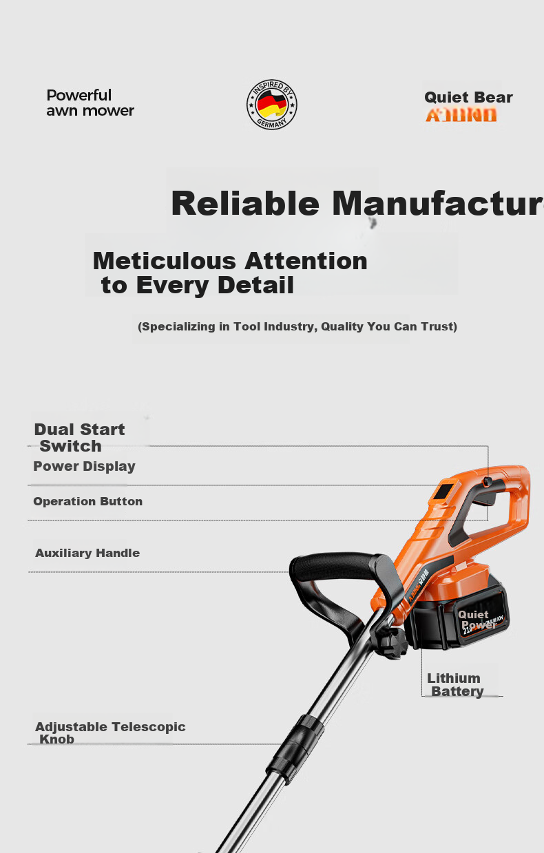 Quiet Bear Electric Lawn Mower Rechargeable Lithium Battery Fully Automatic High Power Garden Lawn Grass Trimmer 22