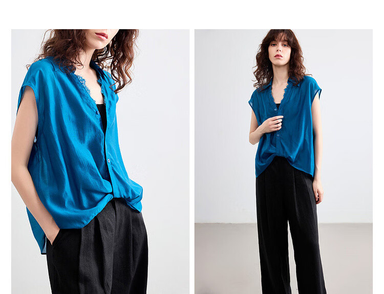 Demana [Breathable Tencel] Summer Lace Splice Turn-down Collar Knot Hem Lightweight Loose Shirt for Women Premium Quality 4