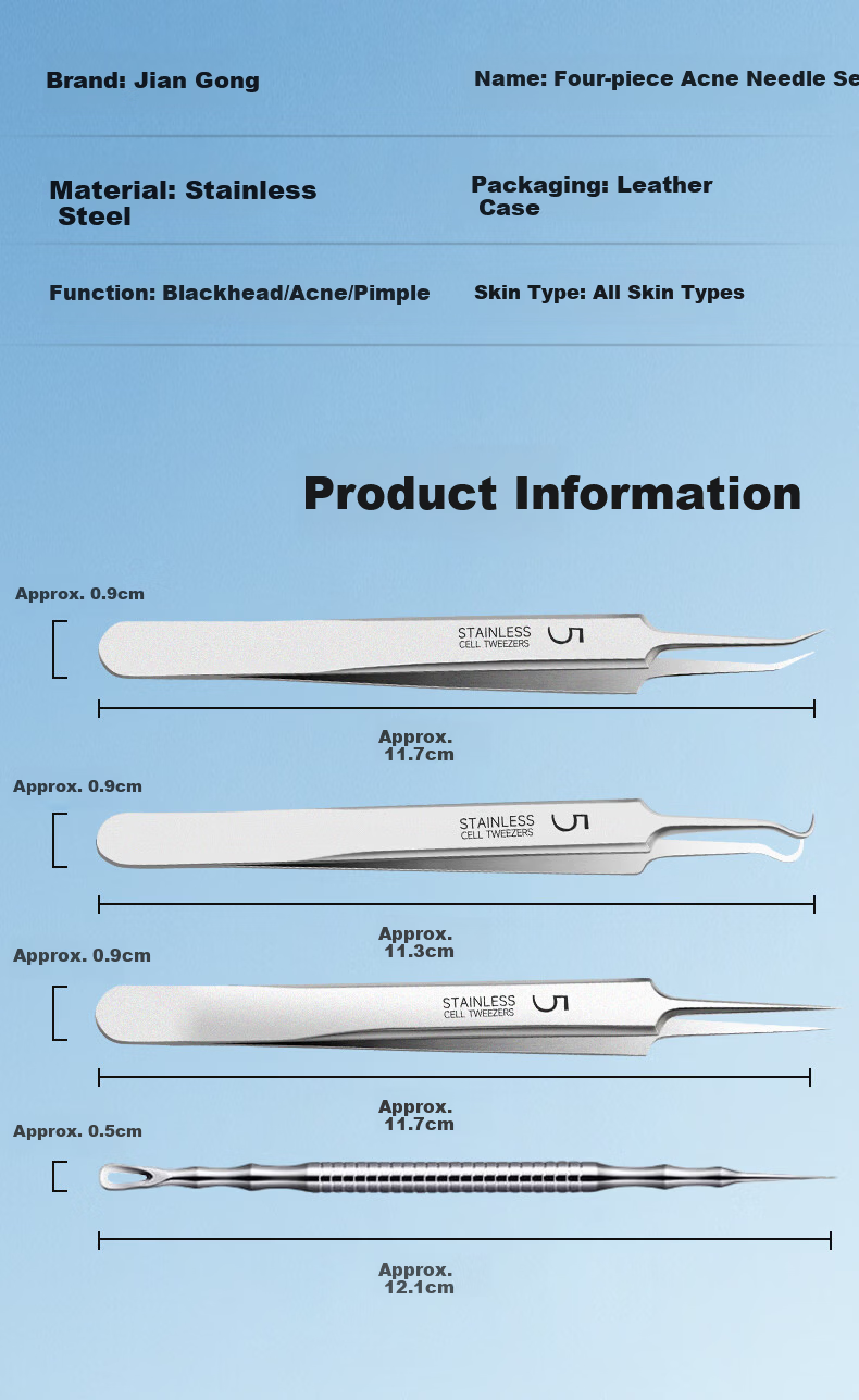 Jianggong Japanese Cell Extractor Blackhead Tweezer Tool for Closed Comedones Acne Pimple Removal Set Professional Beauty Salon Use 10