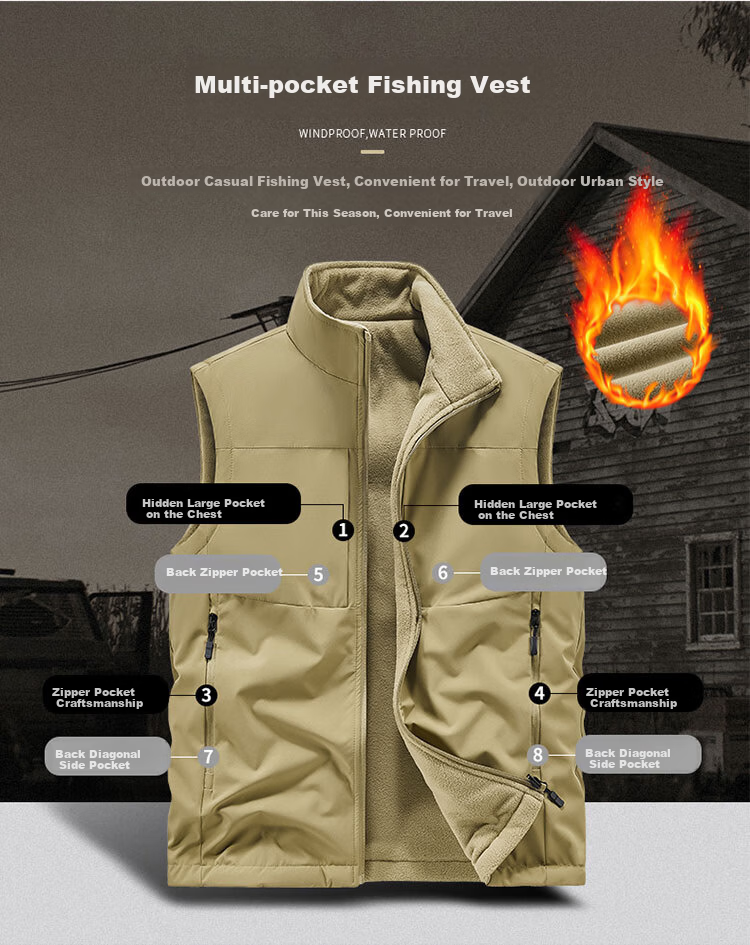 MiiOW Men's Autumn Winter Fleece Vest Stand Collar Sleeveless Casual Khaki 4XL 3