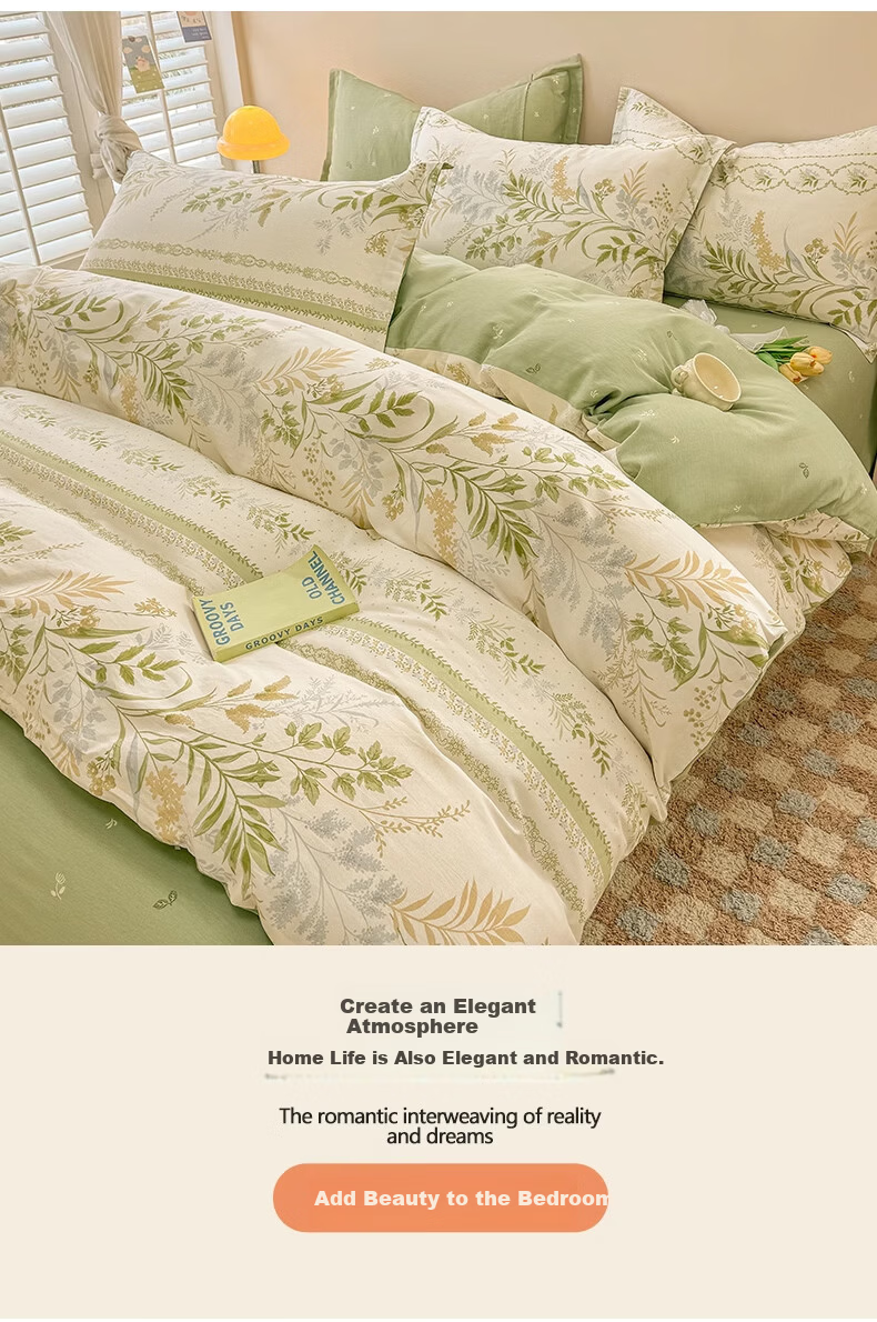 Hodo 100% Cotton Four-Piece Bedding Set, All Cotton Bed Linen, Spring and Autumn Bed Sheet and Quilt Cover 200x230cm, Youyou Xiancao, Suitable for 1.5/1.8m Bed 8