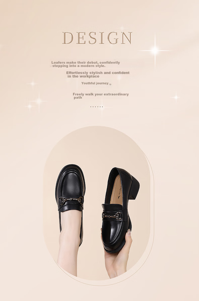 Red Dragonfly Women's Loafers Thick Heel French Style Small Leather Shoes Commuter Versatile Mom Shoes WTB152791 Black Size 38 2