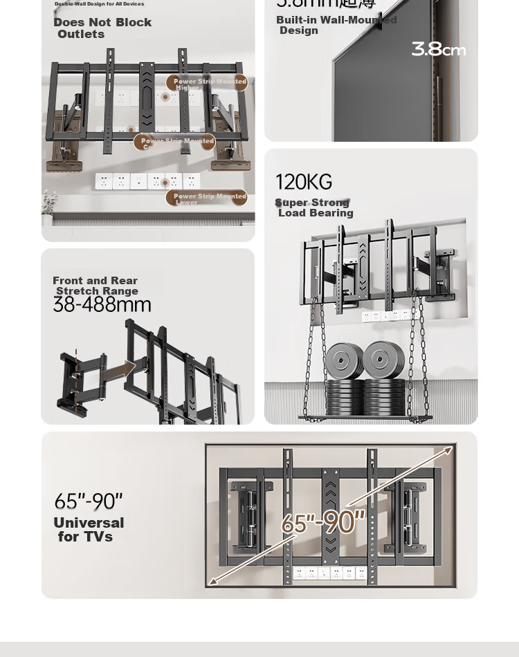 Enlip Ultra-Thin Recessed Split Telescopic TV Wall Mount Bracket 65-90 Inch Compatible with Xiaomi Hisense TCL Skyworth 75/85 Inch TVs No Obstruction to Sockets and Speakers 4