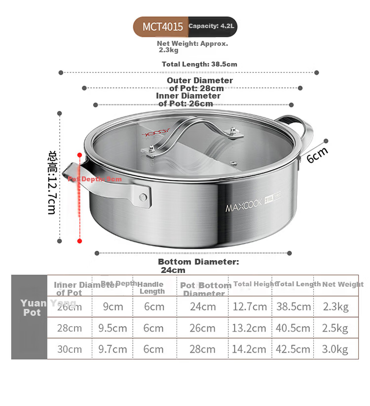 MAXCOOK 316L Stainless Steel 28cm Triple-Layer Mandarinfish Hot Pot with Lid Compatible with Gas and Induction Cookers MCT4015 11