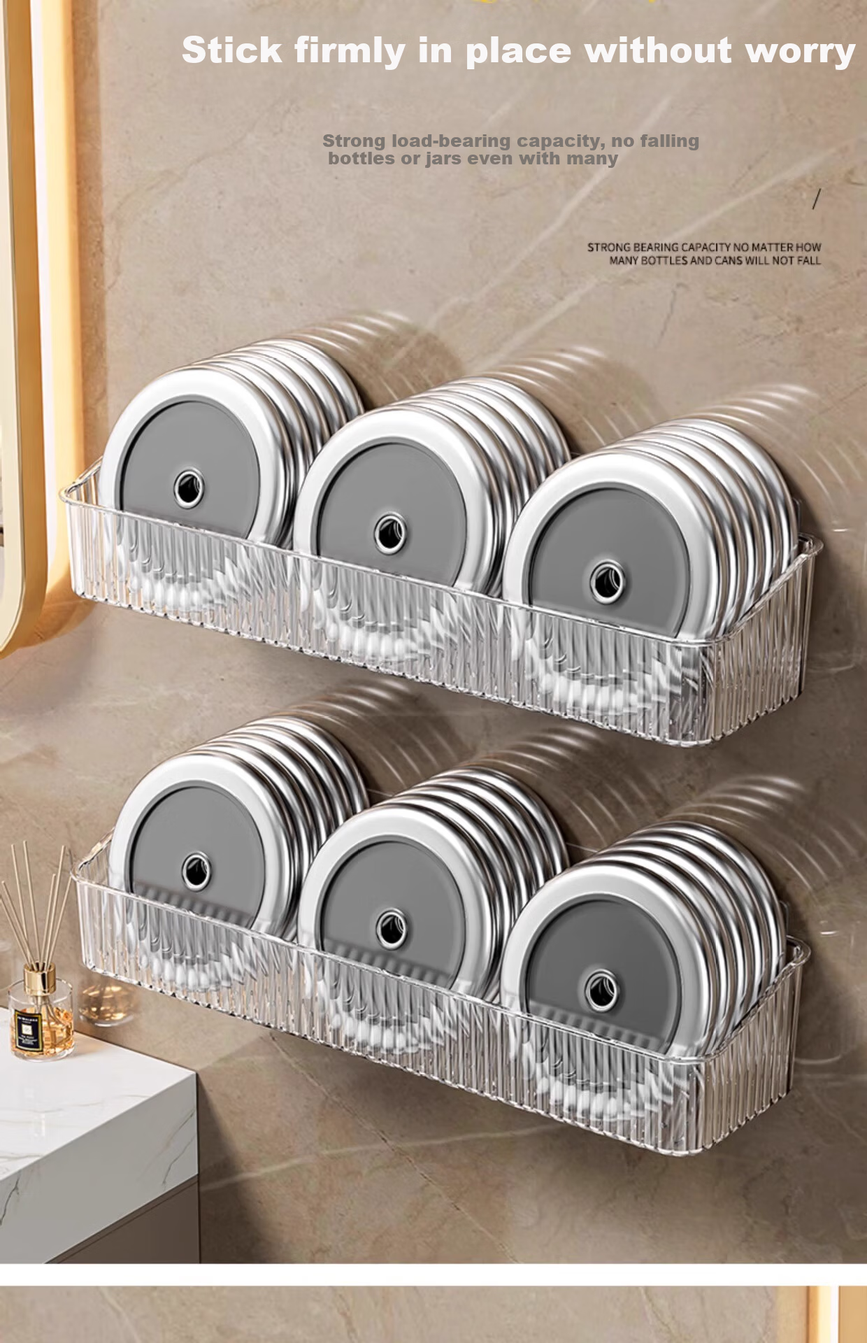 MUYA Suction Cup Storage Rack, No Drilling Required, Detachable, Bathroom Vanity Organizer, Light Luxury Style, Hollow Baked Paint Finish 9