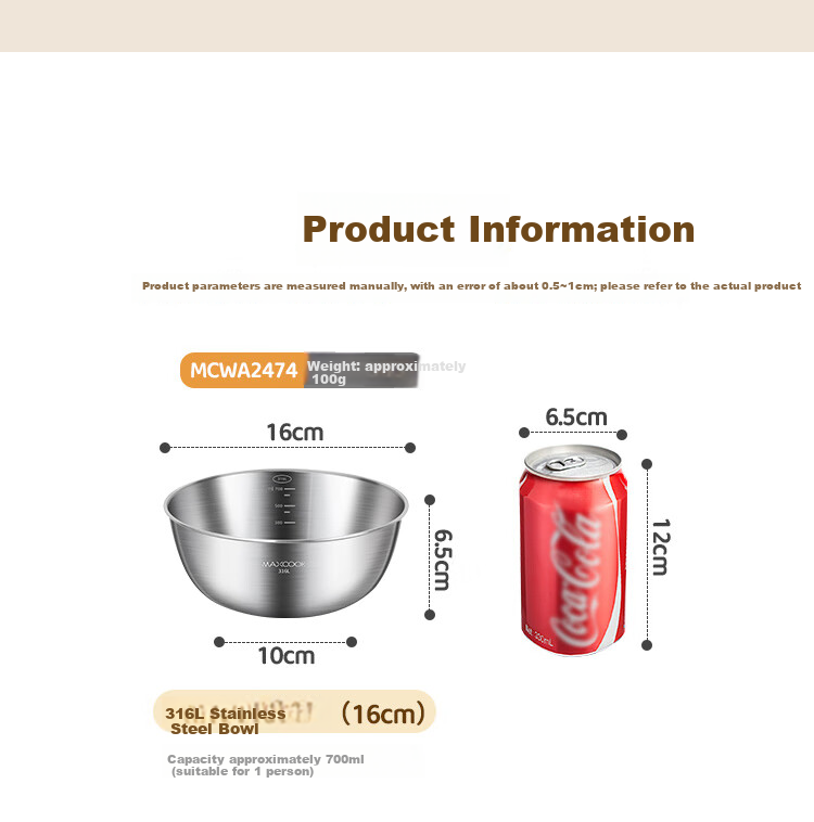 MAXCOOK 316L Stainless Steel Bowl Thickened 16cm Seasoning Bowl Vegetable Washing Bowl Salad Bowl Dough Mixing Bowl MCWA2474 11
