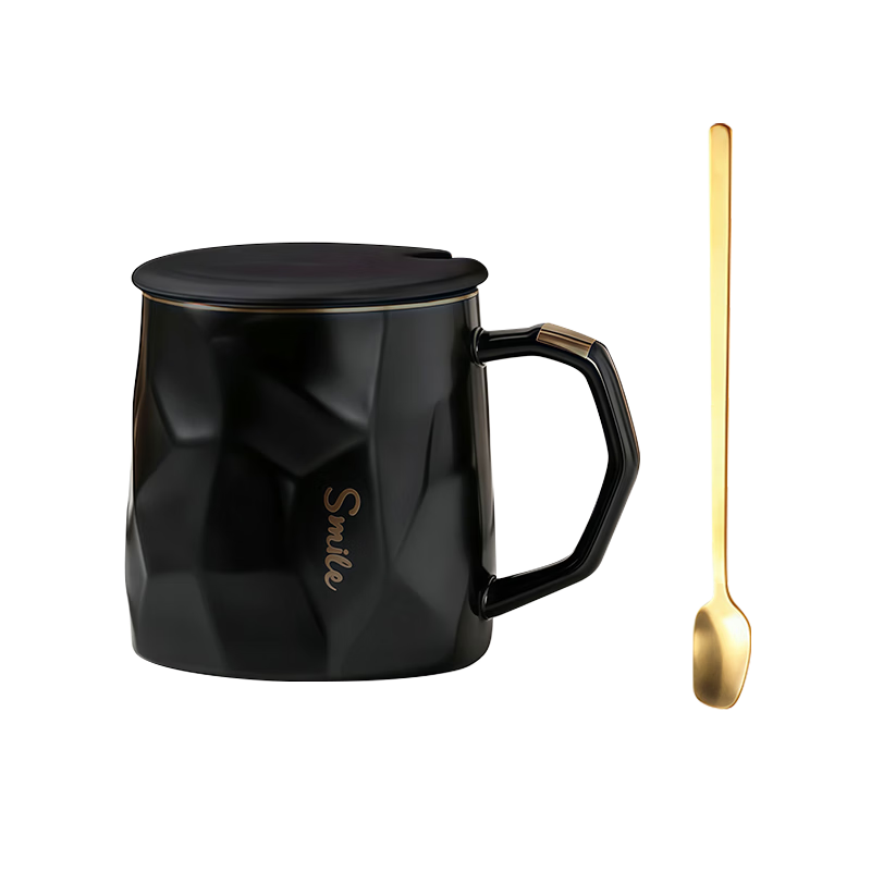 JIWUSENLIN Ceramic Mug with Lid, Large Capacity Coffee Cup, Couple's Cup, Milk Cup, Breakfast Water Cup, Tea Cup for Men And Women, Black