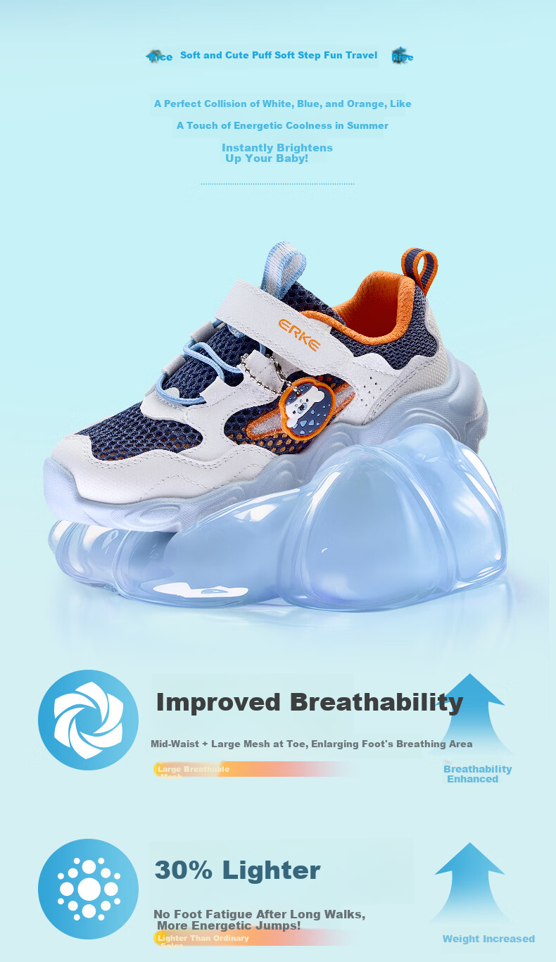 ERKE Kids Summer Casual Shoes Boys and Girls Toddler Sports Shoes Ink Blue/Microcrystalline White/Wild Gray Size 32 1