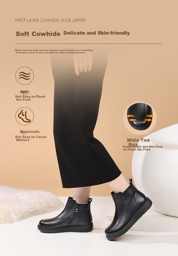 Red Dragonfly Women's Autumn Winter Lightweight Short Boots Fleece Lined Warm Thick Sole Flat Middle-aged Cotton Boots WTC457391H Black Size 36 3