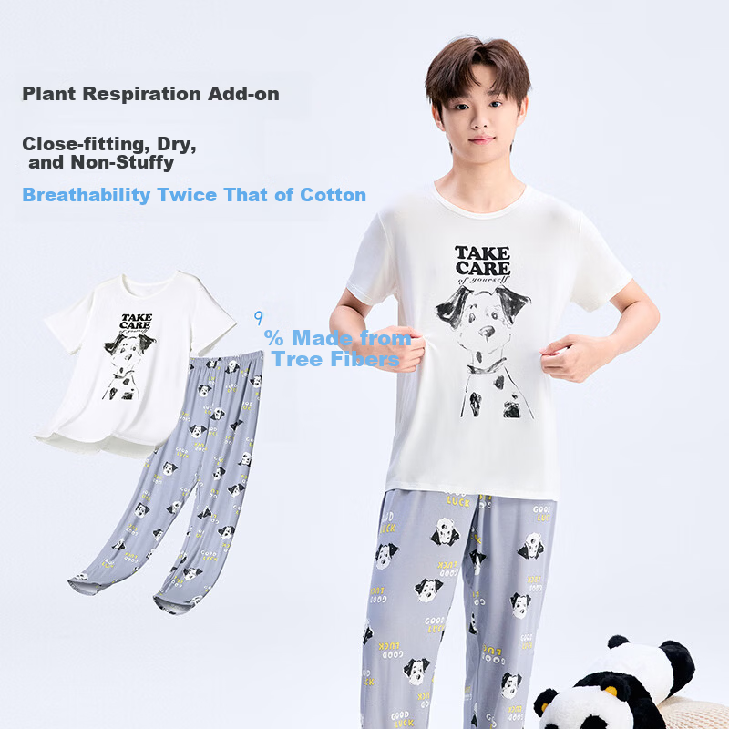 Jiusuiban Boys' Children's Sleepwear Spring Summer Class A Thin High Elasticity Homewear Set for Older Kids and Teens, Class A Short Sleeve and Long Pants