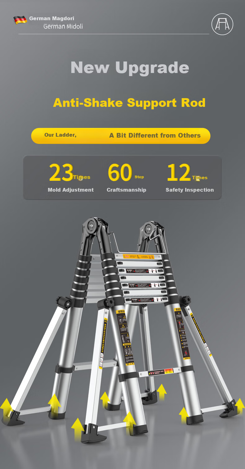 Midoli Telescopic Ladder Multi-Functional Household Folding Ladder Thickened Aluminum Alloy Adjustable Engineering Ladder Eight-Leg A-Frame Ladder 5.5m 5
