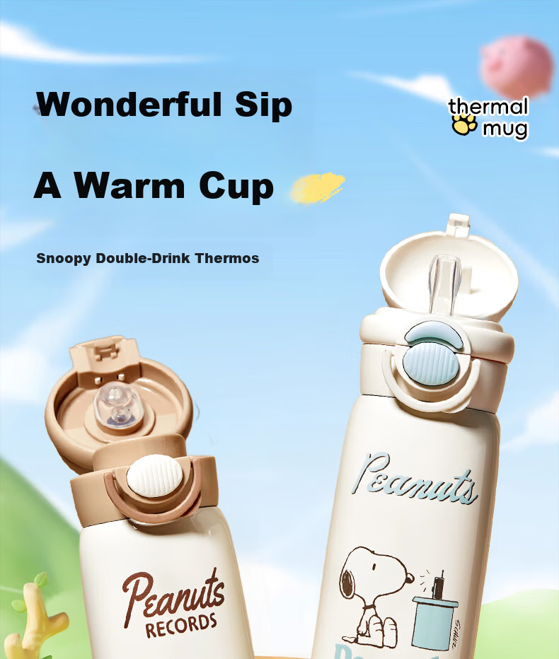 SNOOPY Kids Insulated Water Bottle Large Capacity 316 Stainless Steel Straw Water Bottle Boys Girls Student Dual-Use Portable Drinking Cup 1