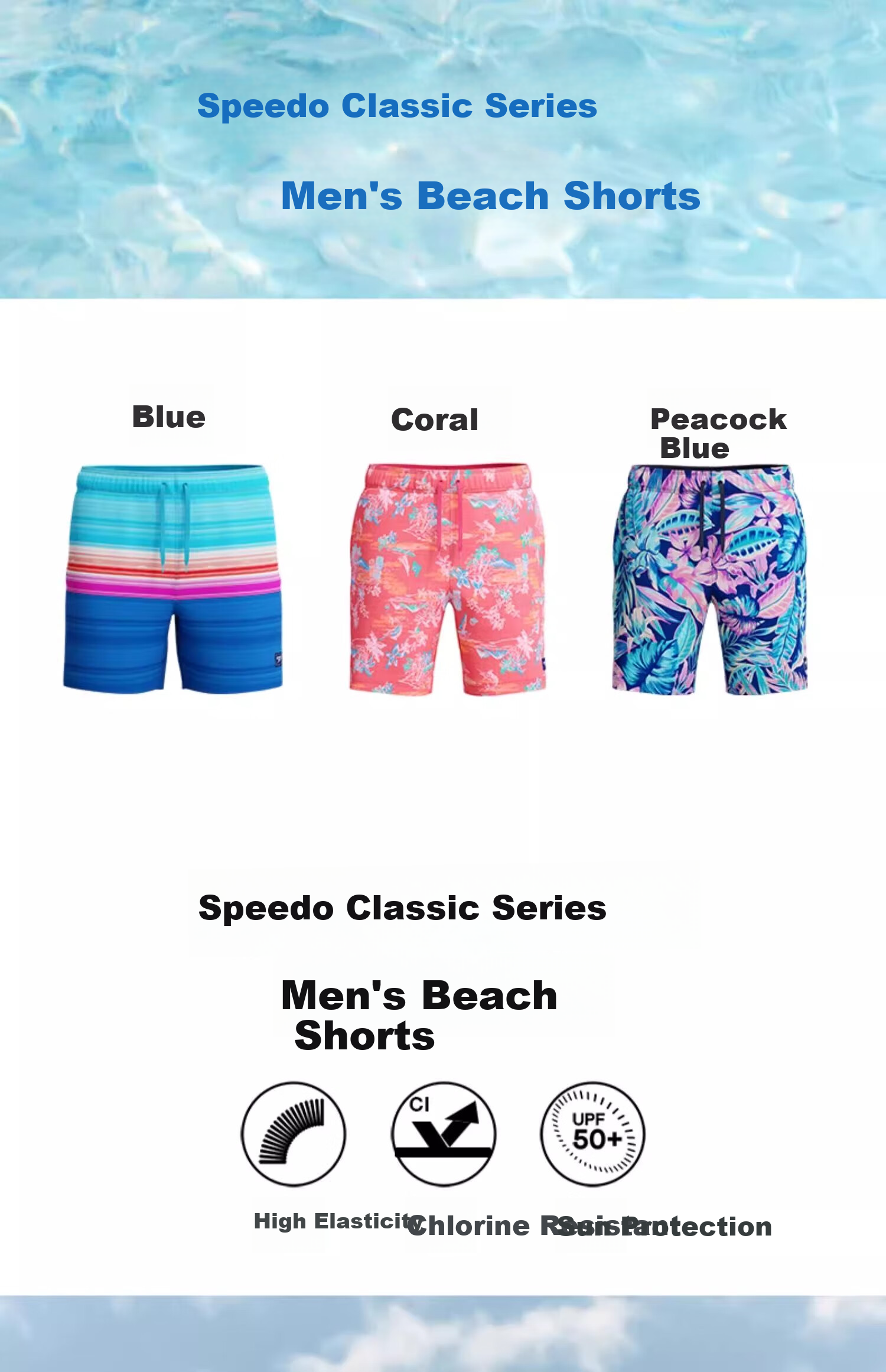 Speedo Classic Series 16-Inch Men's Swim Trunks Beach Shorts Quick-Dry Blue L (Wang Shun Edition) 2