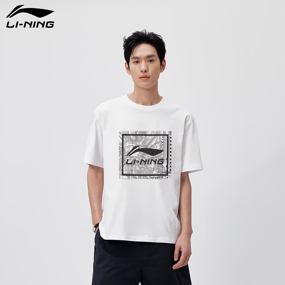 LI-NING Men's Breathable Lightweight Comfortable Summer T-Shirt Trendy Fashion Round Neck Printed Casual Versatile Sports Top