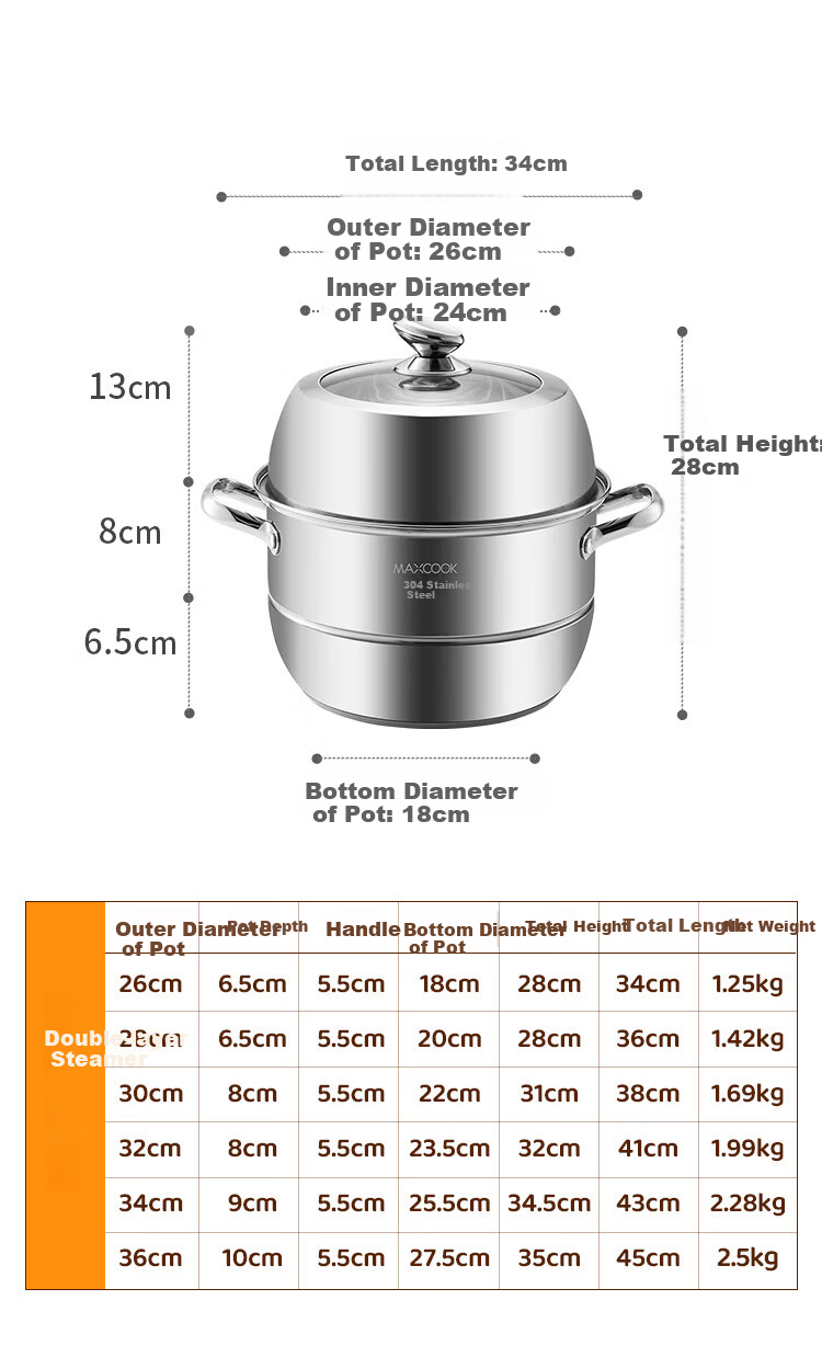 MAXCOOK Steamer 32cm 2-Tier 304 Stainless Steel Thickened Base Compatible with Gas and Induction Cooktops 17