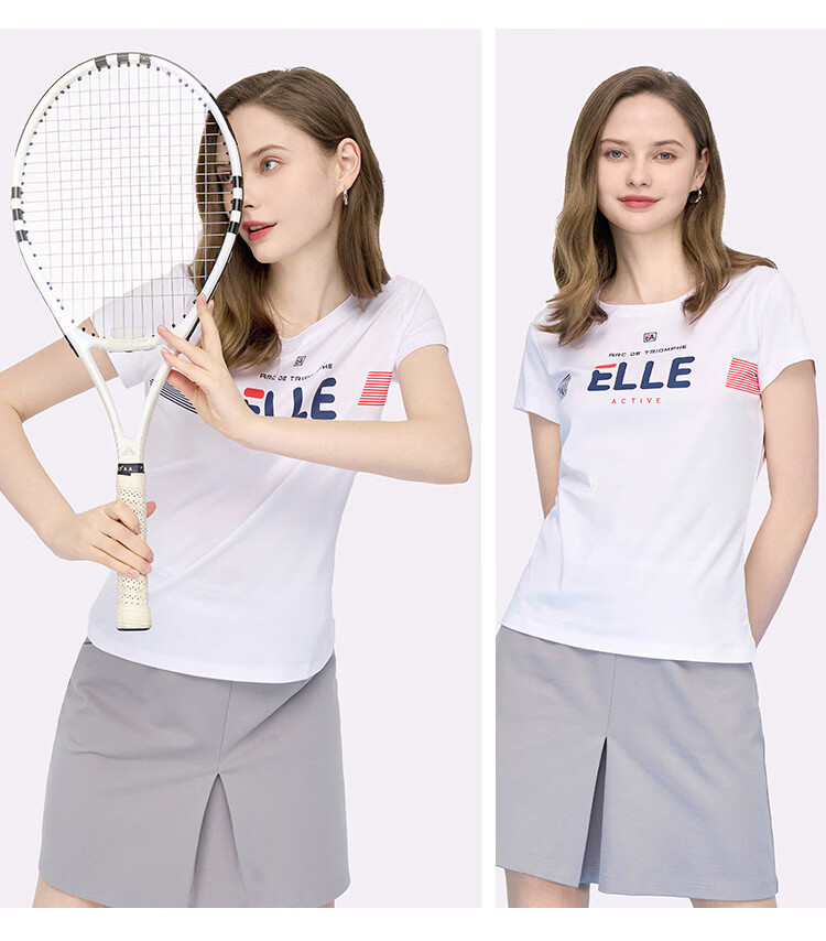 ELLE ACTIVE Women's Cotton T-Shirt Short Sleeve Simple Fashion Letter Print Casual Sports Round Neck Top Summer White S 4