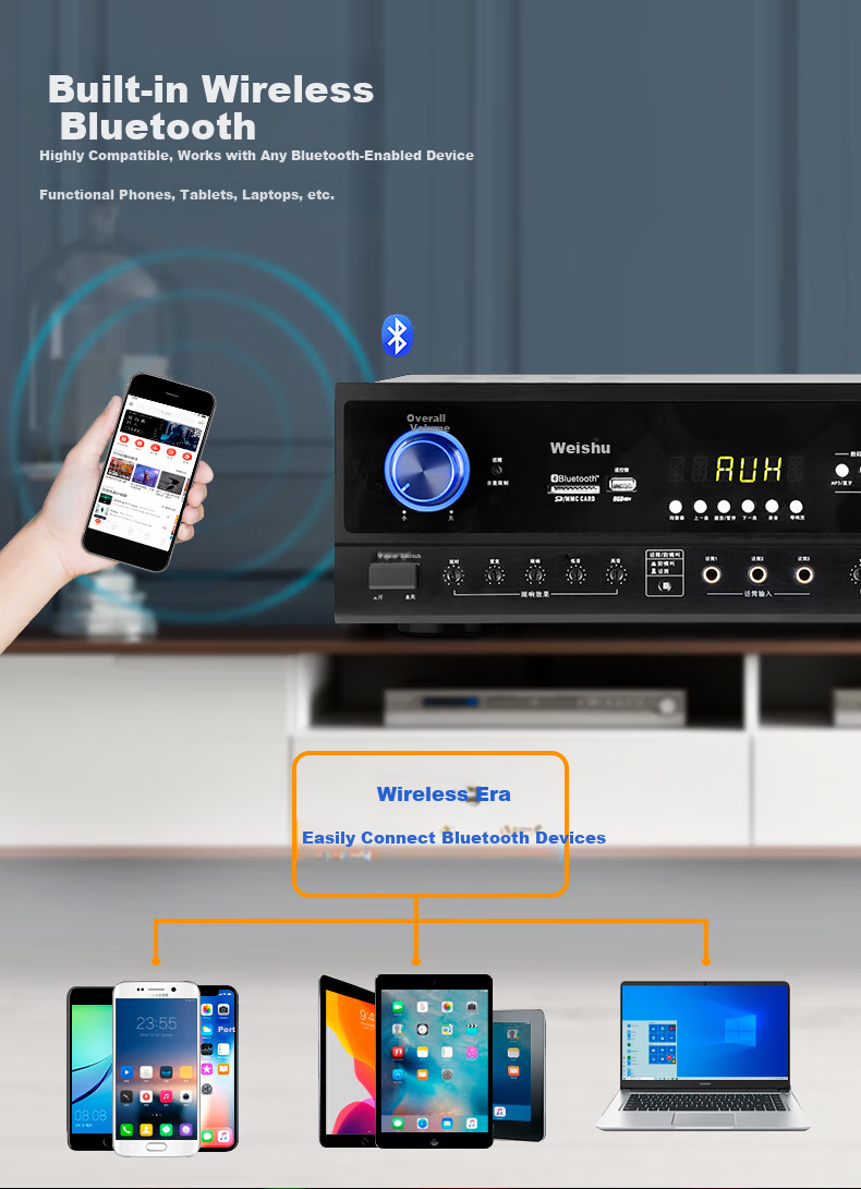 Weishu Conference Audio Video Professional Card Amplifier Bluetooth USB Multifunction Smart Amplifier Theater 300W*2 High Power KTV Amplifier KX-300 4