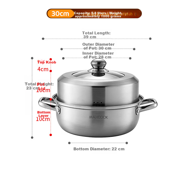MAXCOOK 28CM Thickened Stainless Steel Single-Layer Steamer Pot Hot Pot Soup Steamer Compatible with Gas Stove and Induction Cooker 14