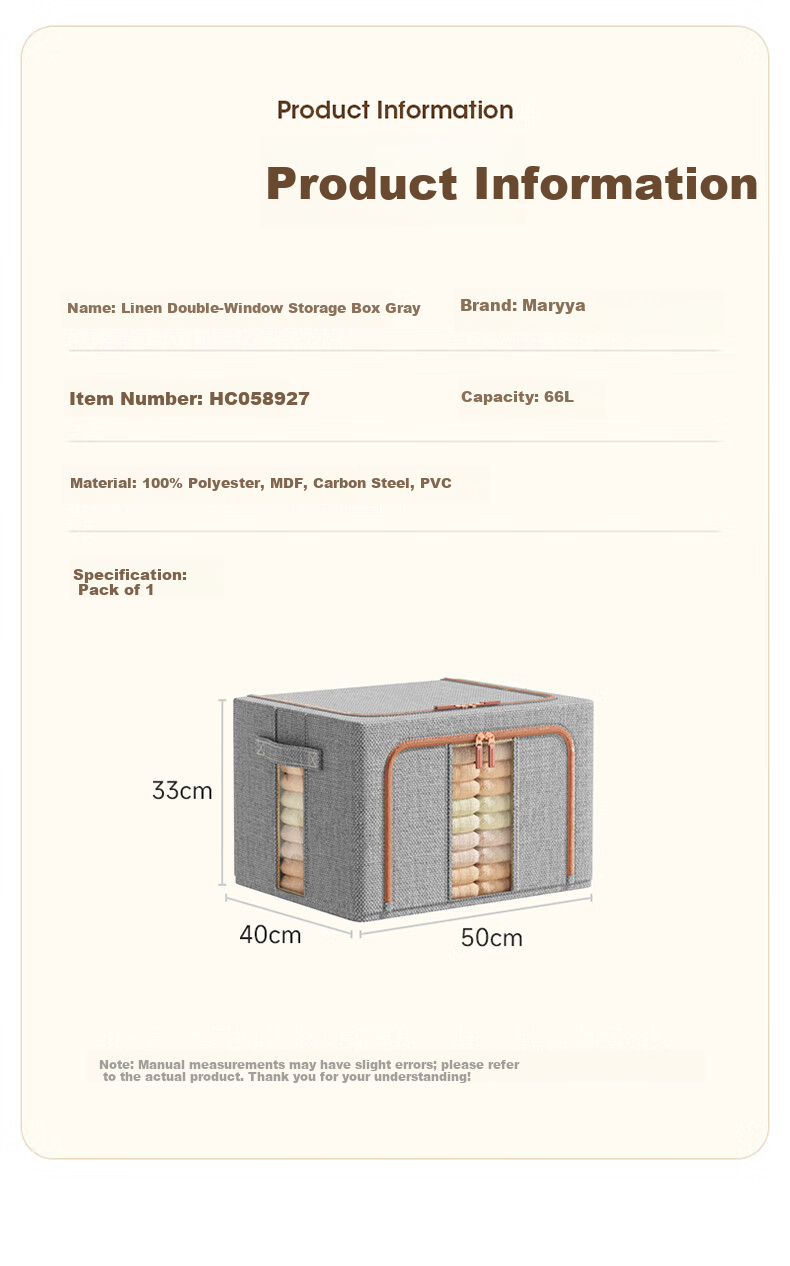 Meiliya Fabric Storage Box Clothes Quilt Organizer Wardrobe Storage Box Bin Double Window Gray 66L 11