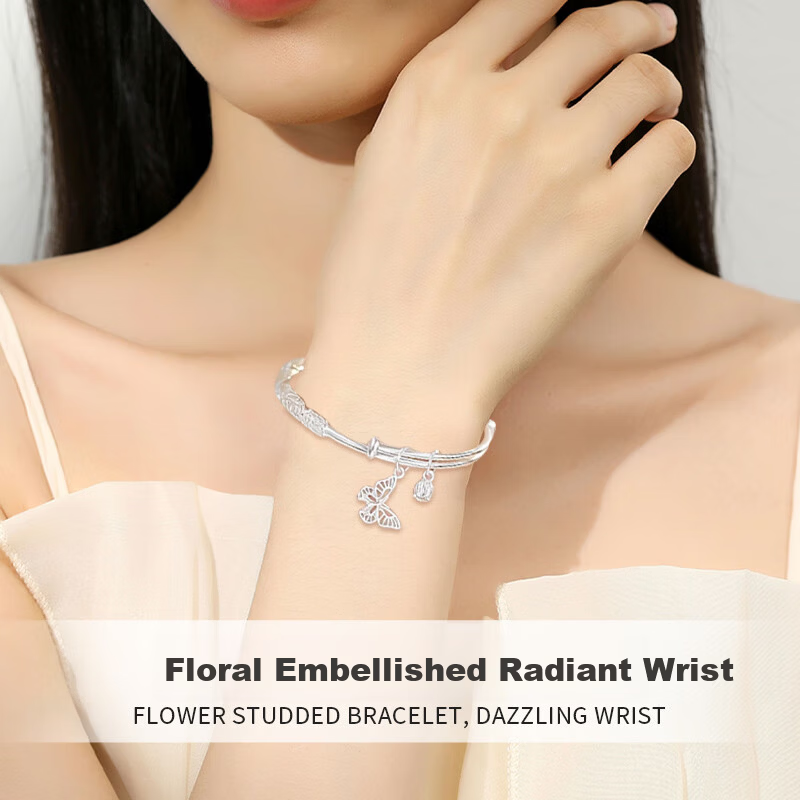 Zhoubaifu Floral Bangle Bracelet for Women, Solid Silver Plated Bracelet, Birthday Gift for Girlfriend on May 20 And Valentine's Day