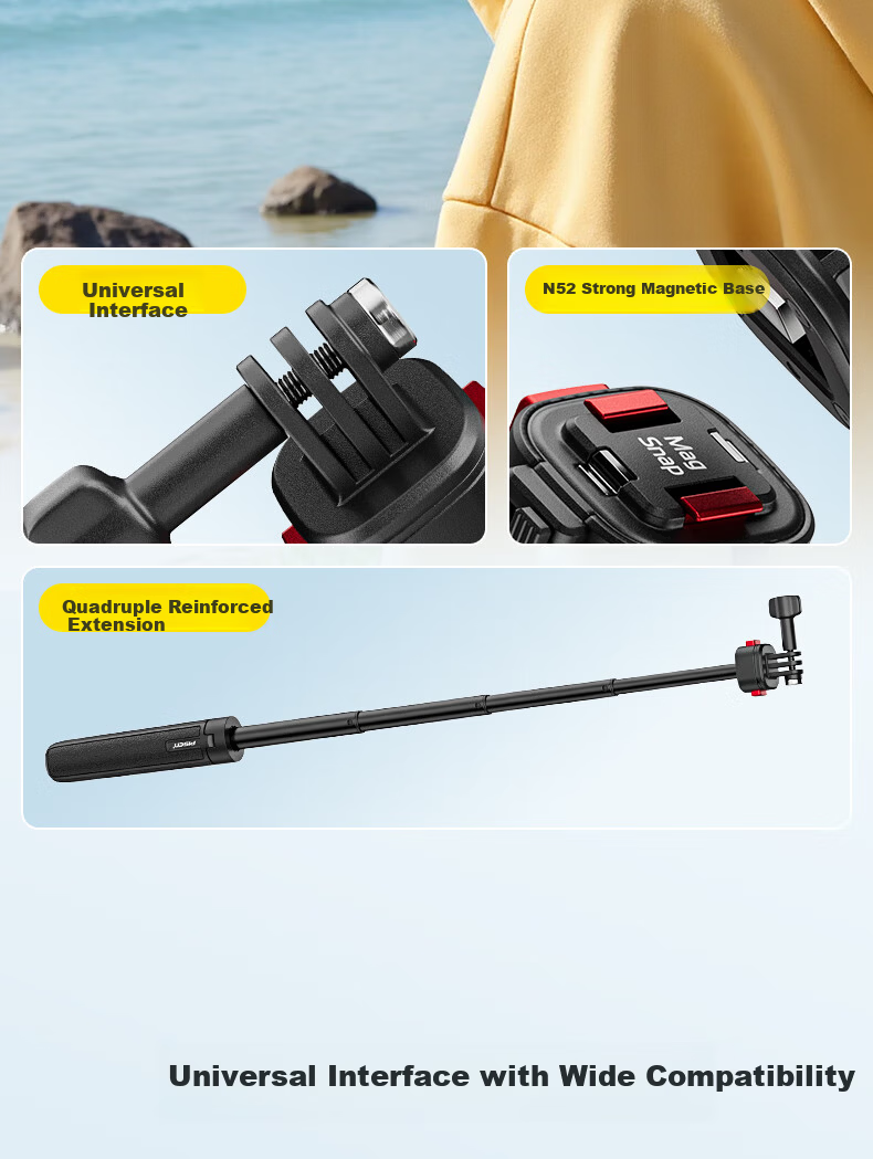 Pisen Magnetic Mini Quick-Release Tripod Extension Selfie Stick for DJI Action 6 5 Pro 4 / GoPro / Insta Sports Camera Portable Photo Handle Live Streaming Stand 6