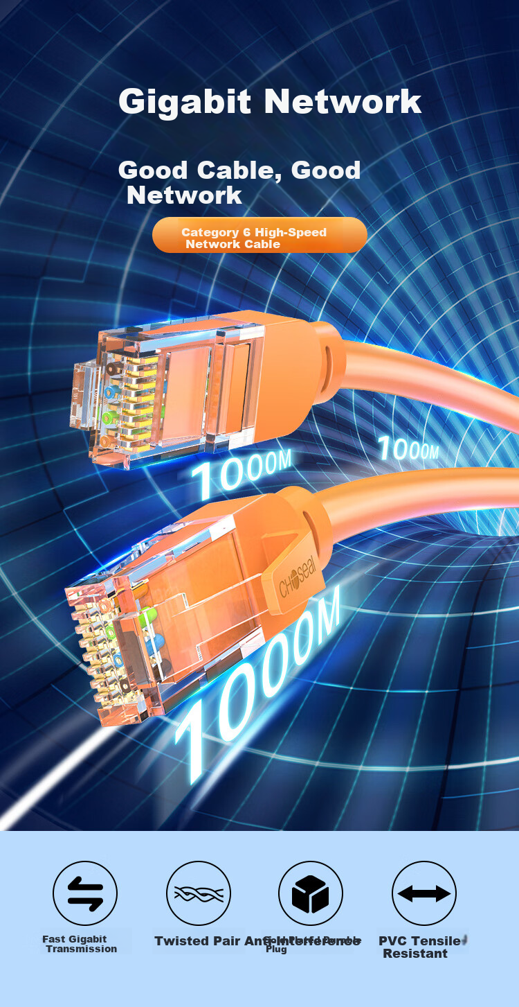 CHOSEAL Cat6 Ethernet Cable CAT6 Gigabit High-Speed Network Cable Engineering Computer Monitoring 8-Core Twisted Pair Home Finished Patch Cord 20m Orange QS5062C 1