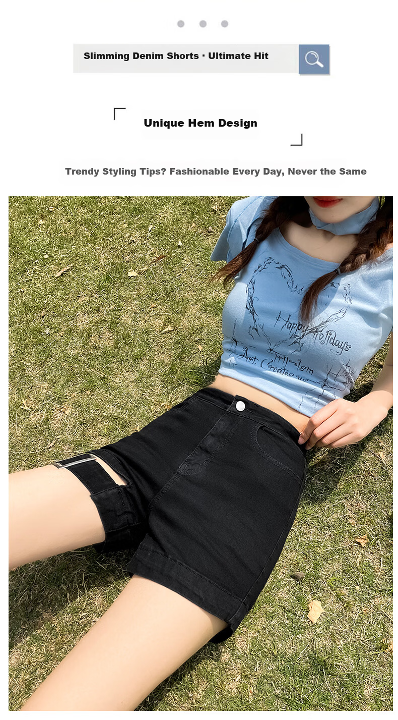 Jeanswest Women's Denim Shorts 2026 Spring Summer High Waist A-Line Slim Functional Style Hot Pants Black M 2