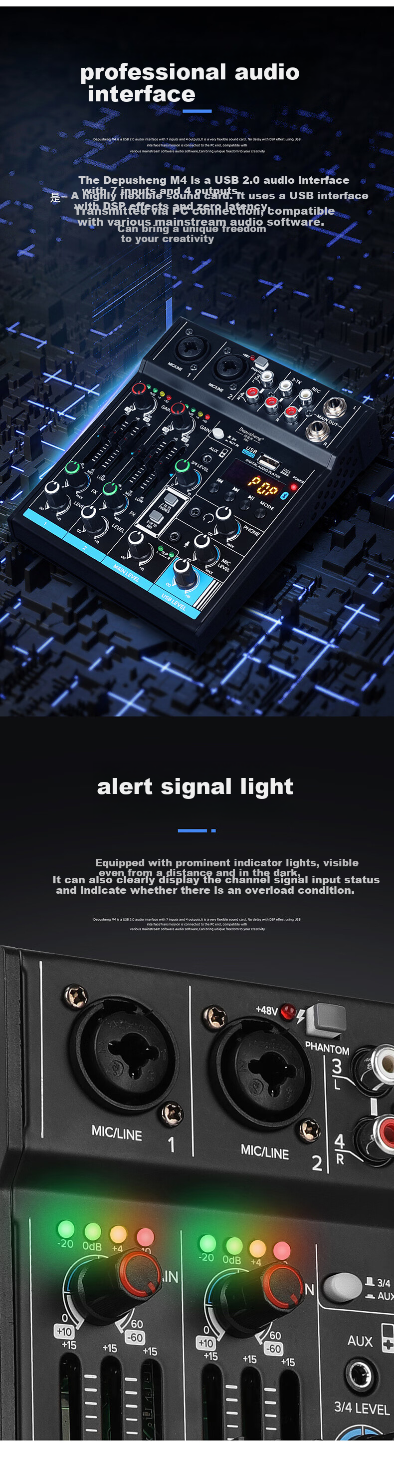 Depusheng Professional 4-Channel Mixer USB Sound Card Bluetooth USB EQ Reverb 7-In 4-Out M4 for Computer Live Streaming Recording Home KTV Singing Video Conference Karaoke 1
