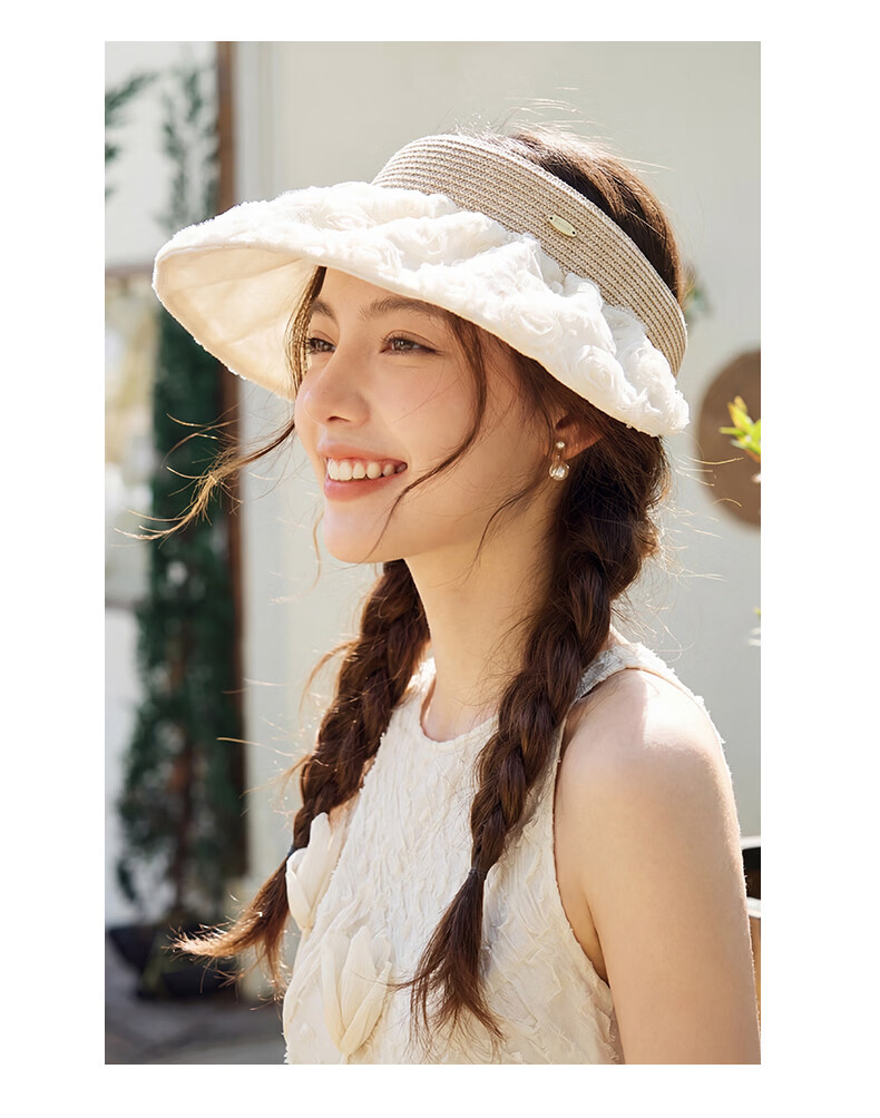 CACUSS Large Brim Shell Open-Top Hat for Women Summer Outdoor Face-Slimming Sun Hat Vacation Style White 10