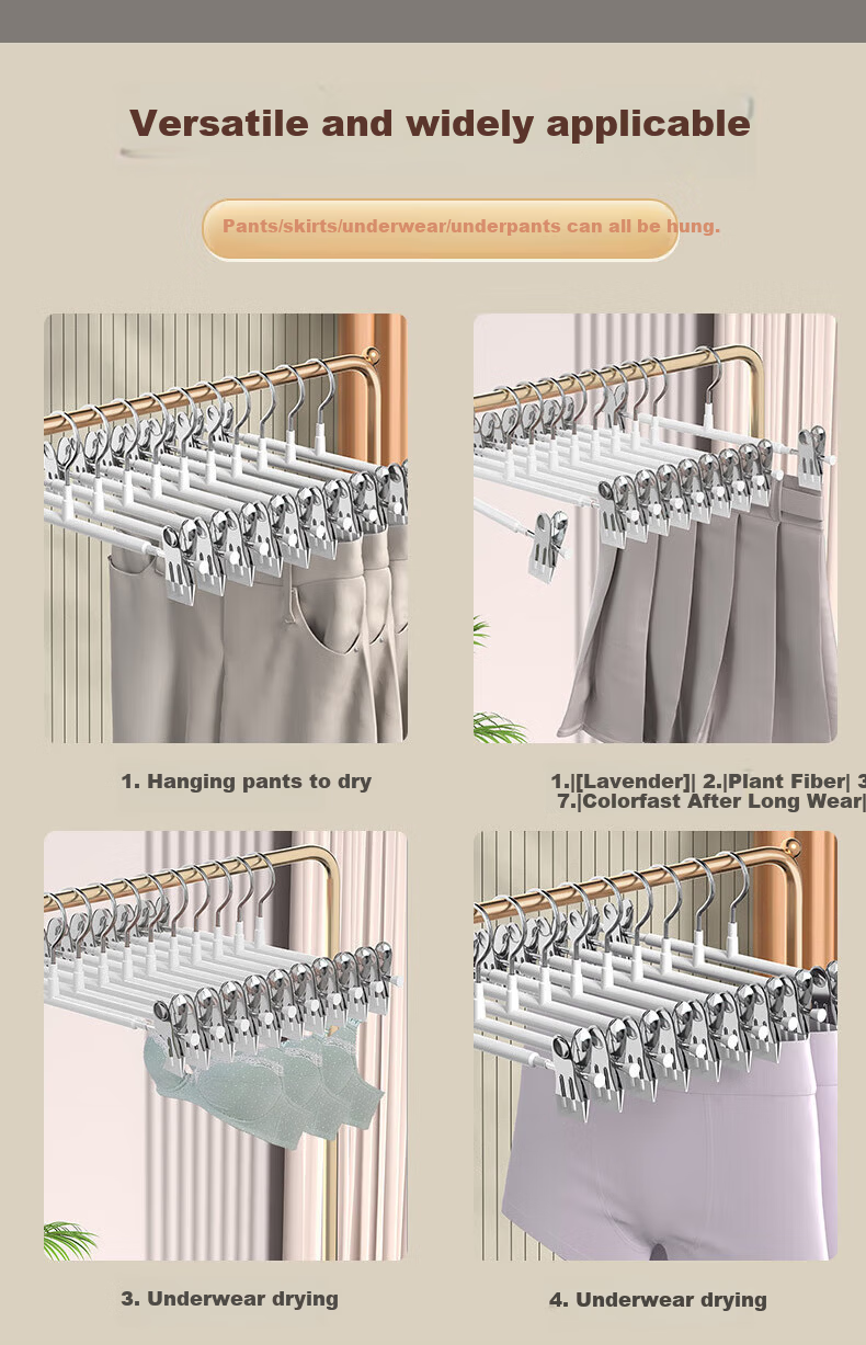 Miaomei 10-Pack Non-Slip Clip Pants Hangers Adjustable Retractable Skirt Clips for Home Drying 7